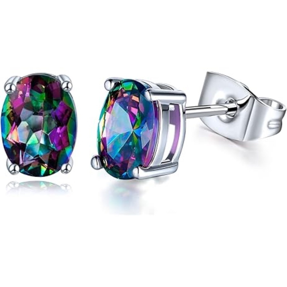 Rainbow Mystic Topaz Stud Earrings – 6x8mm Oval CZ in Silver-Tone Setting